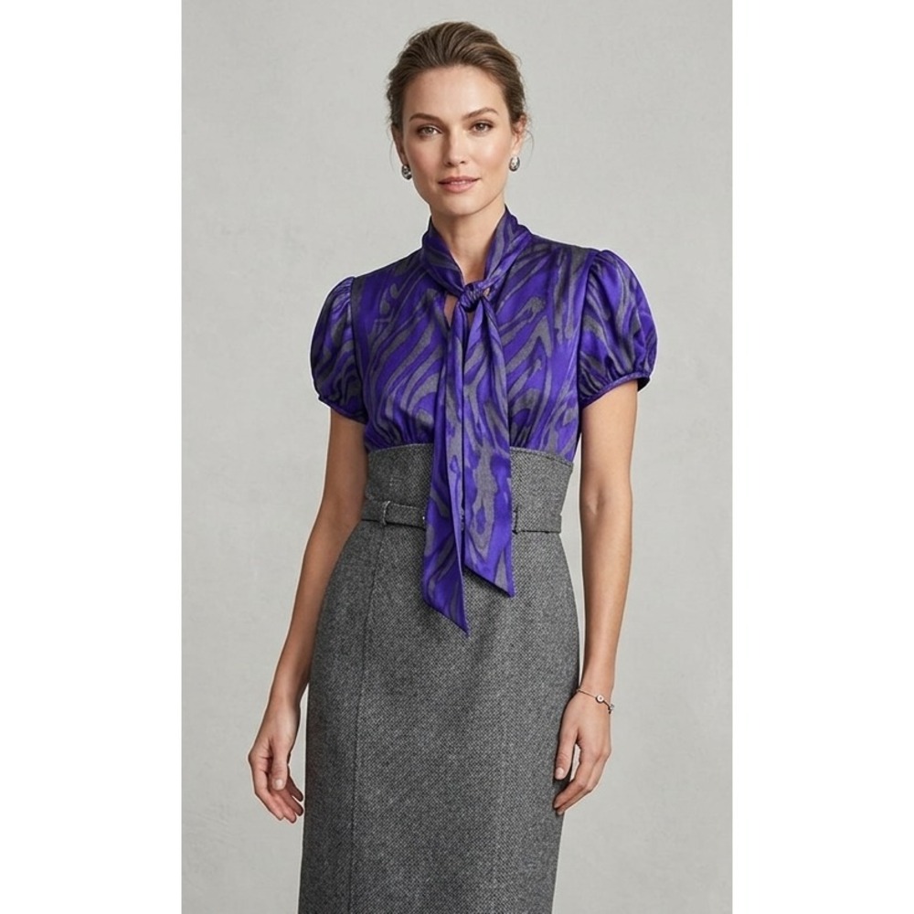 Teri Jon Rickie Freeman Silk & Wool Gray Cocktail Dress Belt Short Sleeve Size 6